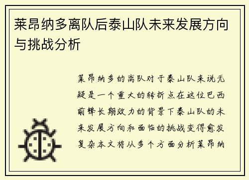 莱昂纳多离队后泰山队未来发展方向与挑战分析